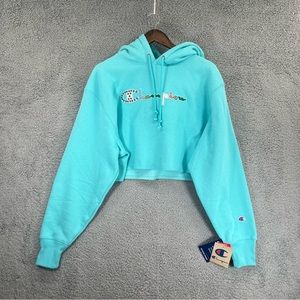 NWT Champion Reverse Weave Cropped Hoodie Spell Out Logo Blue Women Sz Medium